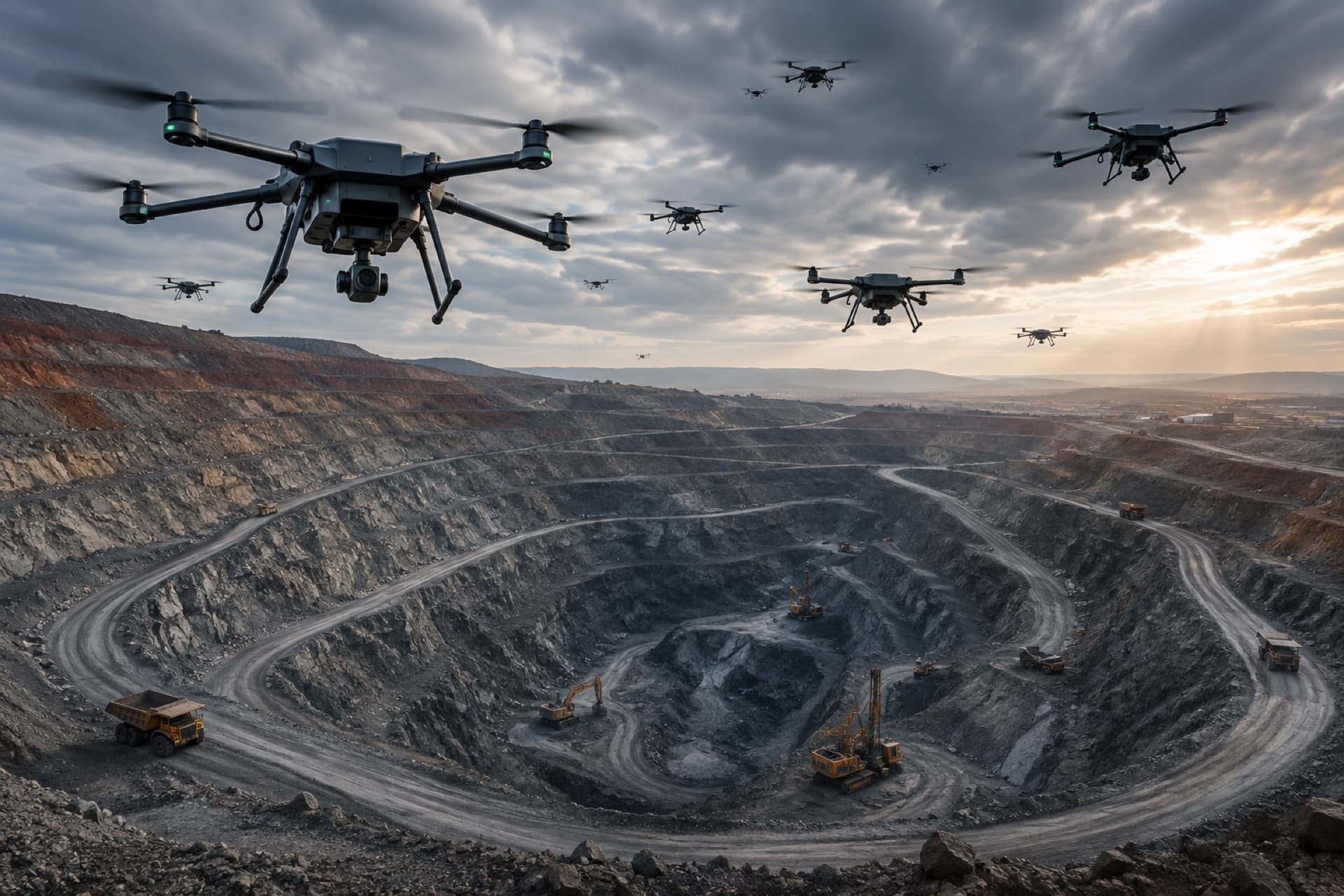 A swarm of Samaritan drones on autonomous patrol above an open-pit mining site at dusk